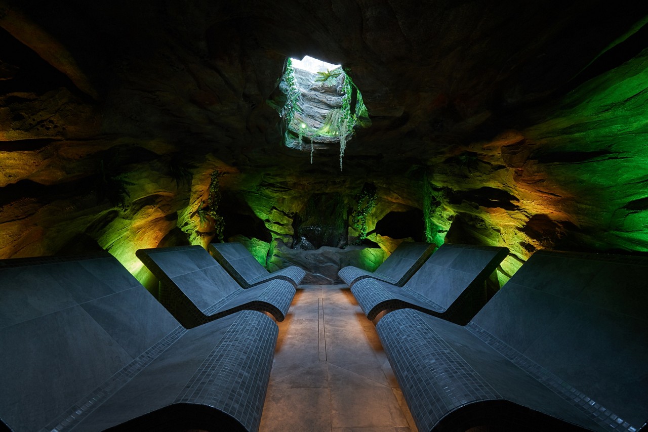 Contoured lounge chairs inside the Forest Cavern.